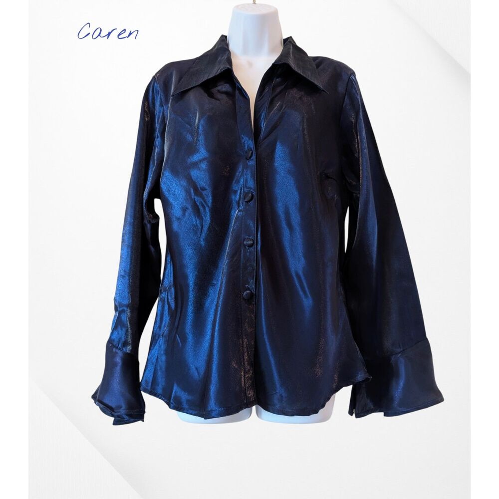 Caran New York metallic navy blouse 2X bell sleeve button front shimmer